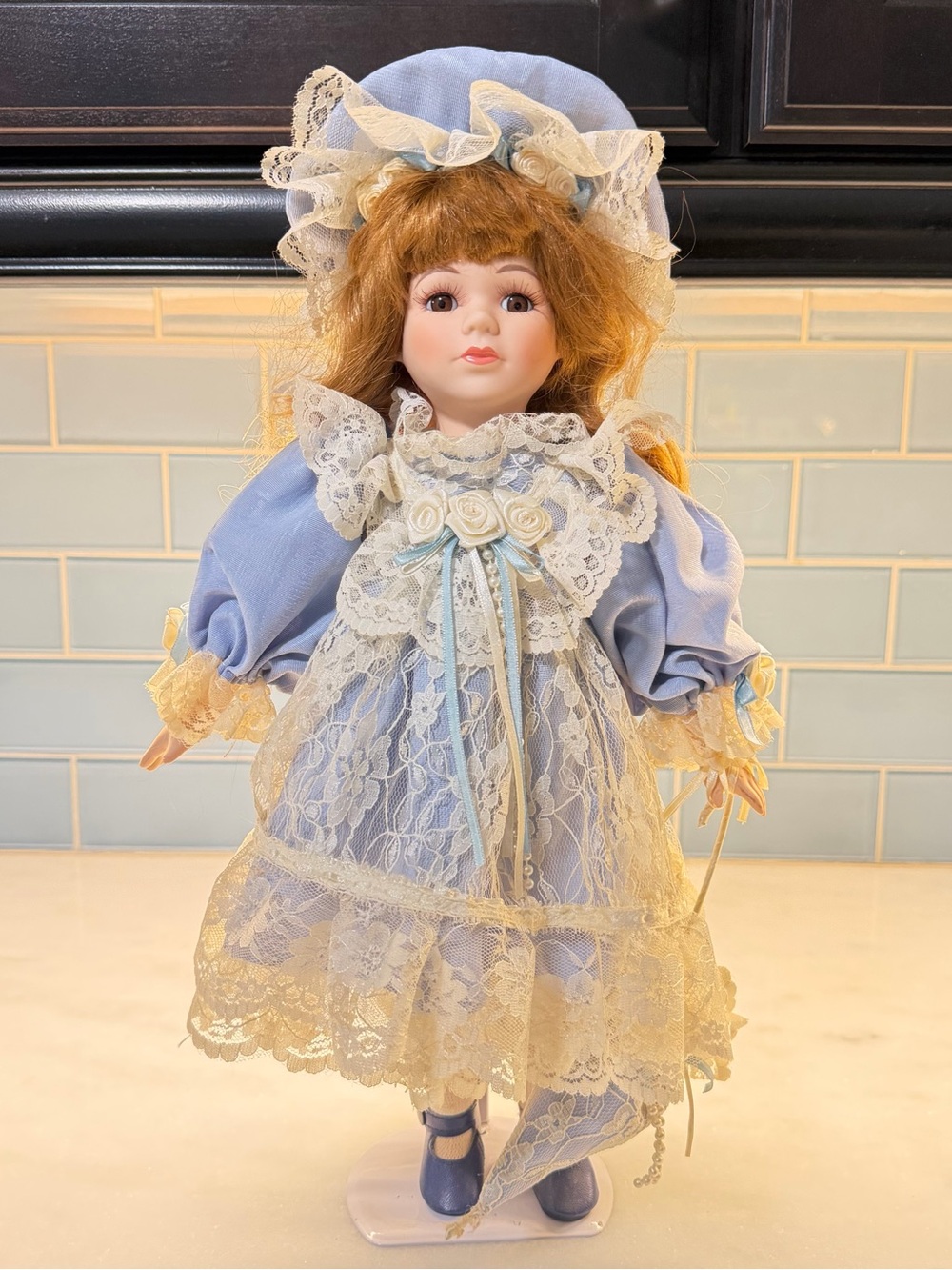 Victorian Porcelain Collector Doll Blue Lace Dress Bonnet Parasol Auburn Hair